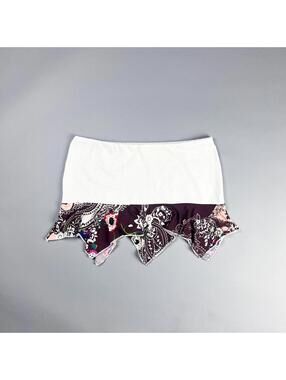 White Mini Skirt | Upcycled Stretchy Skirt, Burgundy Asymmetrical Ruffled Hem